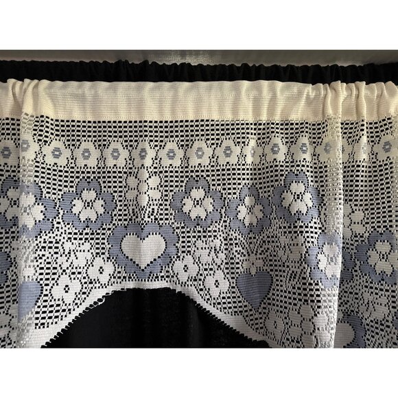 Vintage Cream & Blue Floral Lace Curtain Valance with Hearts 24"Lx57"W - Picture 2 of 7